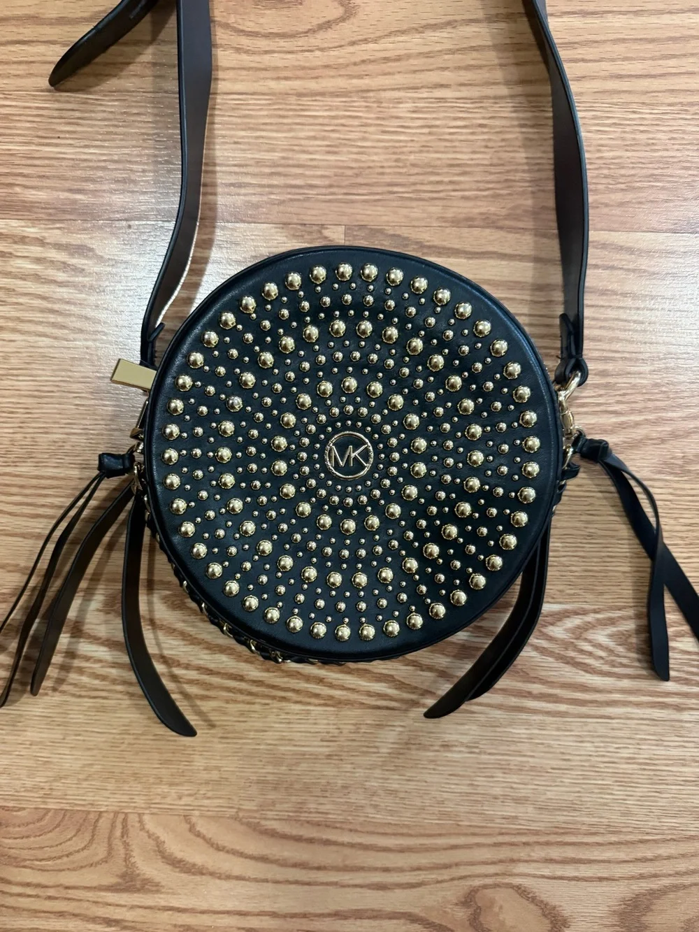 Michael Kors Black Round Crossbody Bag with Gold Stud Accents